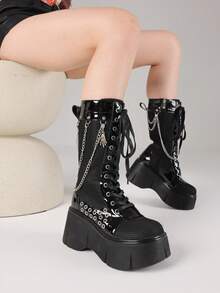 Women's Y2K Platform Mid-Calf Boots Goth Mental Chain Platform Ankle Boots Round Toe Punk Style Cosplay Party Boots For Women - 黑色 - 查看 2
