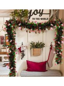 1 Set Christmas Tinsel Garland, Red And Green Metallic Twist Decorative Ribbon With Shiny Ornaments, Plastic Christmas Tree And Party Supplies, Indoor And Outdoor Holiday Decor, No Power Needed, Halloween Decoration - Multicolor - View 5