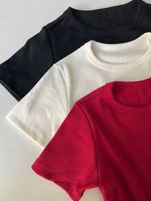 3 Piece Kit Women's Short Sleeve T-Shirt Blouse Plain Ribbed Fabric Cotton Long Basic - 黑色+關閉+酒紅色 - 查看 3