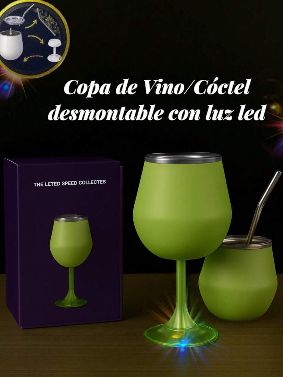 Copa para vino/coctel/jugo/Champán de acero inoxidable armable, FAB*18, Copa, Copa con tapa y popote, vaso de acero inoxidable portátil, Copa para café, Bebidas, Champán, Cócteles, Vaso/taza/Copa aislante de colores variados, capacidad 14 Oz/420 ml. - Verde Oliva - Ver 1