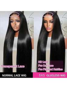 5x5 Glueless Wigs Human Hair Bone Straight HD Transparent Lace Closure Wig No Glue Lace Front Wig Pre-Plucked Pre-Cut 5x5 Glueless Human Hair Wigs Halloween Wigs Dress Up Wig - Natural Black - 查看 3