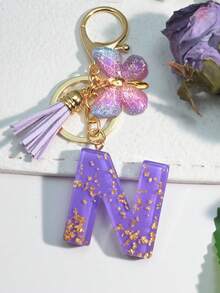 1pc Resin Starry Sky Epoxy English Letter Keychain With Tassel & Fluffy Pom Pom Decor, Gift For Friends & Mothers, Heart Pendant Christmas - Purple - View 3