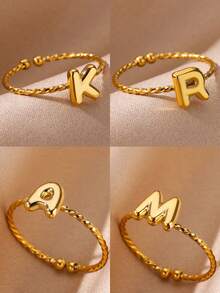 1 件时尚镂空首字母心形戒指女士金色不锈钢 A-Z 字母戒指美观婚礼珠宝礼物 - 金黃色 - 查看 13