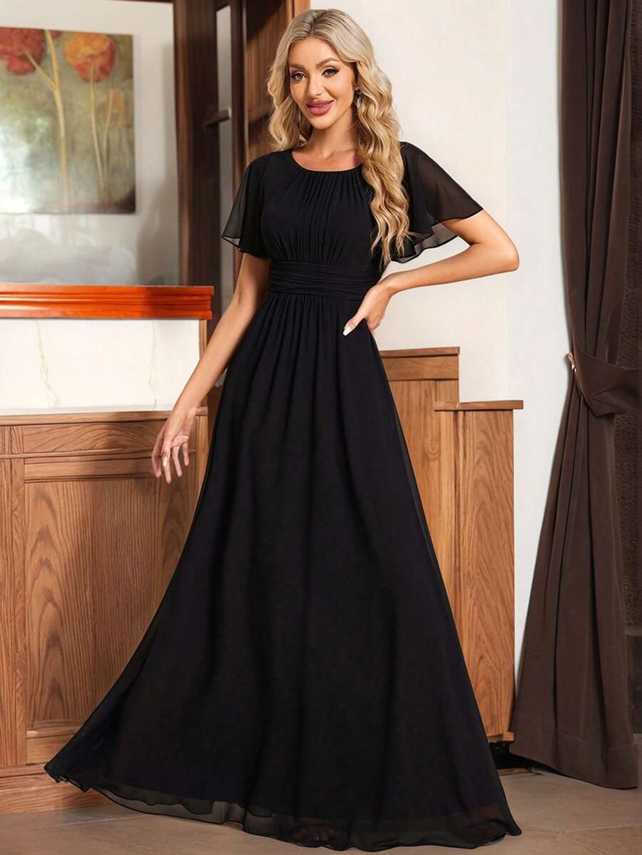 女士优雅帝国腰线褶皱雪纺圆领长款伴娘礼服正式婚礼礼服黑色 - 黑色 - 查看 1