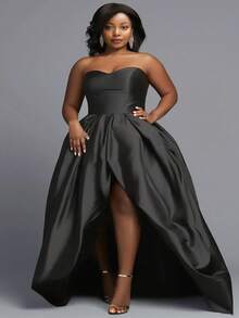 Plus Size Formal Black Split Satin High Low Dresses Wedding Spring Party - Black - View 1