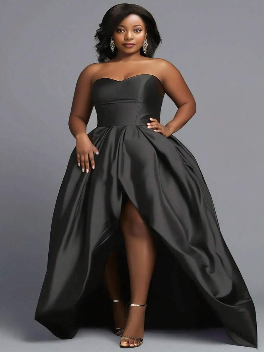 Plus Size Formal Black Split Satin High Low Dresses Wedding Spring Party - Black - View 1