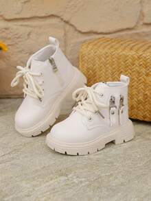 1 双儿童软底双拉链圆头英伦风格靴子，幼儿防滑皮革短靴，街头时尚踝靴 - 白色 - 查看 7