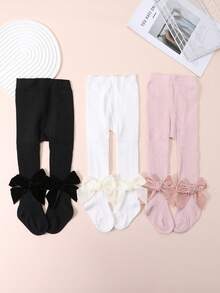 3 pary rajstop dla dziewczynek z kokardką, podstawowe dopasowanie dla dzieci w wieku 0-3 lat