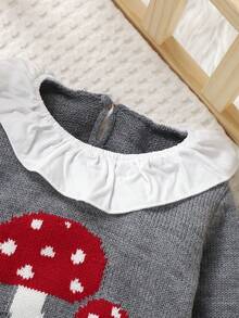 婴儿毛衣连体衣，甜美荷叶边领长袖三角按扣裆部连体衣，可爱蘑菇提花休闲连体衣 - 灰色 - 查看 6