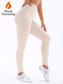 1 Pack Women's Thermal Lined Khaki Leggings, Fashionable Casual Elegant High Stretch Skinny Pants, Suitable For Home, Workout, Yoga, Fitness, Outdoor, Travel, Party And More, Soft And Comfortable - Khaki - View 7