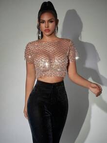 Sedessea Shiny Sequin Pearl Beaded Mesh Sheer Crop Top, Suitable For Braless Parties And Music Festivals - Gold - View 6