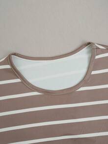 Casual Striped Print Round Neck Long Dress For Women - Coffee Brown - View 4