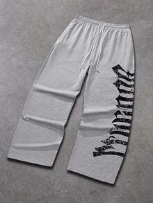 Men's Letter Print Drawstring Waist Straight Leg Long Casual Pants, Suitable For Outings, Gothic Style, Rave Parties, Back To School, Sports, Fitness, Autumn Season - Màu Xám nhạt - Xem 10