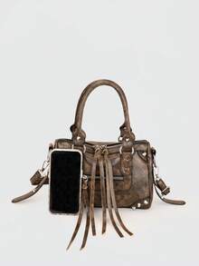 1 chiếc túi xách kiểu cổ điển màu nâu cà phê sần sùi, phối nhiều mảnh vải, đính đinh tán kim loại, khóa kéo trang trí, chất liệu PU, có vòng trang trí, quai xách đôi đính đinh tán, dây đeo vai dài có thể điều chỉnh, khóa kéo, thời trang retro ngọt ngào sang trọng kiểu túi xe máy phong cách Y2K Punk dành cho nữ, túi đeo chéo nữ phong cách giản dị nhưng sang trọng, phù hợp cho sử dụng hàng ngày, du lịch, mua sắm, v.v. - Cà phê nâu - Xem 3