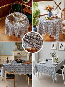 1 件波西米亚复古蓝白瓷花流苏桌布，适用于圆桌、咖啡桌、床头柜罩，可水洗，适用于家庭客厅、厨房、晚宴、节日派对、花园、茶会、户外野餐装饰、四季、秋季装饰 - 彩色 - 查看 4