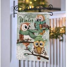 1pc Winter Yard Textile Hanging Decor, Green Theme Welcome Winter Cute Owl Garden Flag, 12x18 Faux Linen Double-Sided Printed, Christmas Snowy Cottage Home Decor, Suitable For Winter Country Party, Outdoor Lawn, Porch, Cafe, Farmhouse Decoration, Flag Pole Not Included