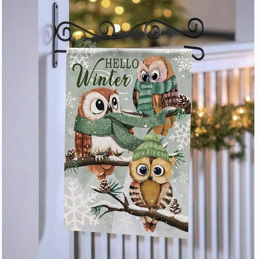 1pc Winter Yard Textile Hanging Decor, Green Theme Welcome Winter Cute Owl Garden Flag, 12x18 Faux Linen Double-Sided Printed, Christmas Snowy Cottage Home Decor, Suitable For Winter Country Party, Outdoor Lawn, Porch, Cafe, Farmhouse Decoration, Flag Pole Not Included