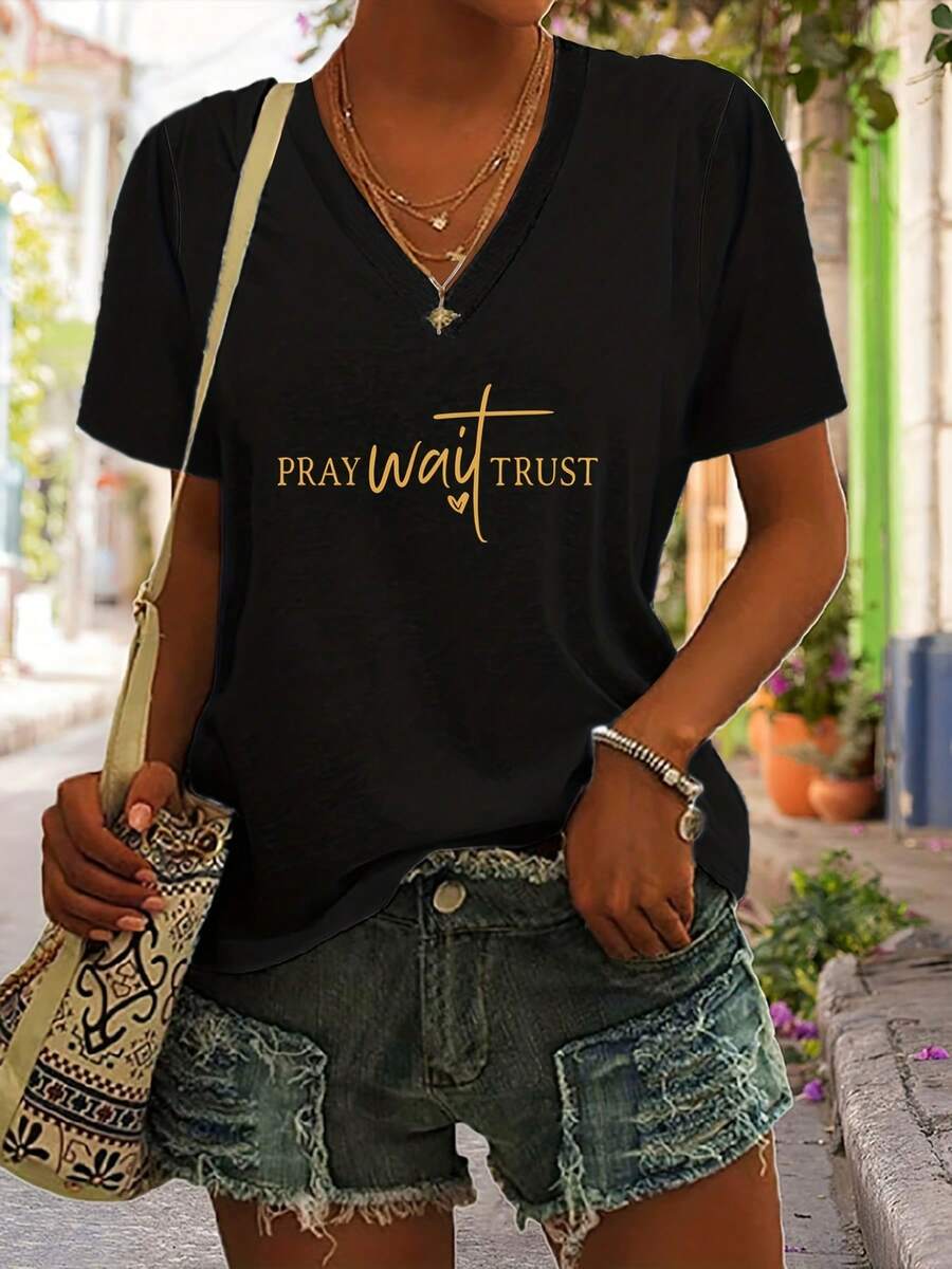Short Sleeve V Neck Christian T-Shirt, Pray & Cross Print Casual Top For Summer & Spring, Women's Clothing - Black - View 1