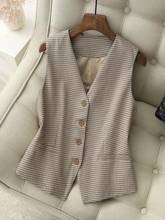 女士羊毛混纺无袖背心，优雅合身的格子编织面料假口袋背心，适合约会之夜、婚礼、节日、办公室、返校、派对、旅行、生日、乡村音乐节、单身派对、春/秋/冬