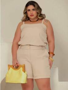 Conjunto Feminino Plus Size Elegante Regata e Short de Alfaiataria Premium - Creme - Visão 5