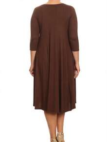 Plus Size Casual 3/4 Sleeves Basic A-Line Pleated Solid Midi Dress  Wedding - Brown - View 4