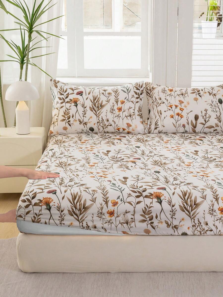 1 pieza Sábana ajustada con patrón floral de rama y hoja de árbol, protector de colchón suave y transpirable, adecuado para todos los tamaños de cama