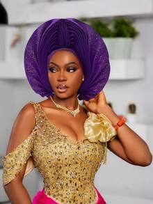 Nigerian Headwear Aso Oke Headband, Women's Wrapped Rhinestone, African Headscarf Hat, Auto Gele Headband, Handmade Fashionable Headwear, Suitable For Weddings, Parties, And Other Festivals - Multicolor - View 8