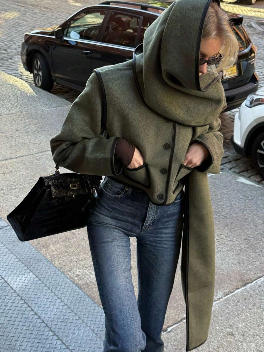 Women's Autumn New French Retro Woolen Jacket, Contrast Color Trim Pockets Decor, Solid Color Pockets Front Button Closure, Casual College Style - Dark Green - View 1