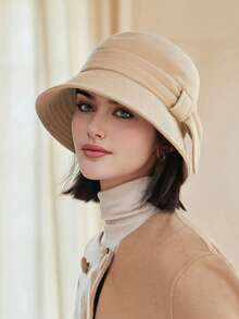 1 szt. damski jesienny kapelusz rybaka z kokardą, zimowy kapelusz typu bucket z długim rondem, elegancki, ciepły kapelusz typu bucket w jednolitym kolorze, odpowiedni do codziennego noszenia jesienią/zimą i jesiennymi strojami