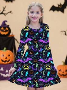 Girls Casual Comfortable Round Neck Pumpkin, Bat, Ghost 3D Print Long Sleeve Cute Dress, Suitable For Everyday, Vacation, Elegant Party, Graduation, Back To School, Halloween