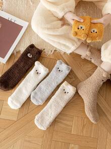 1/5 Pairs White Bear Coral Fleece Socks, Thick Warm Cartoon Socks For Home Wear In Winter, Cozy - Khaki - View 4