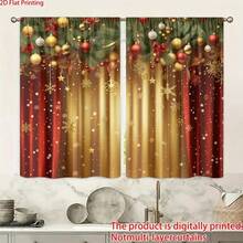 2PCS Printed Polyester Material Christmas Themed Red Curtains, Designed With Golden Snowflakes And Golden Pine Branches, Translucent Bedroom, Living Room, Office Home Decoration, Pole Bag Style, Flat Style