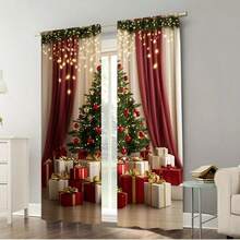 2PCS Festive Christmas Curtains With Tree And Gift Design - Translucent Privacy Curtains, Rod Bags For Easy Installation, Suitable For Bedroom, Living Room, Kitchen, Bathroom - Elegant Home Windows, Living Room Curtains | Festive Curtains | Translucent Materials, Living Room Christmas Curtains, Suitable For Halloween And Christmas