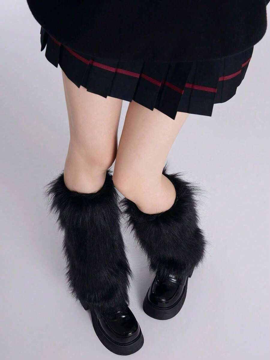 女士毛绒暖腿套 冬季毛皮蓬松暖腿套 柔软靴筒套 万圣节圣诞老人服装 - 黑色 - 查看 1