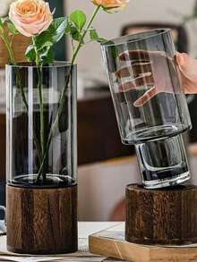 1 قطعة قاعدة خشبية دائرية بسيطة فاخرة بمقاس 11.8 * 3.9 بوصة، إناء زهور أكريليك زخرفي، لون أصلي محفوظ بالماء، وردة طازجة، ديكور غرفة المعيشة وطاولة الطعام، إناء زهور منزلي