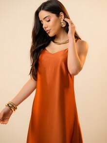 Italian Style Boat Neck Sleeveless Fitted Dress For Women - 亮橙色 - 查看 4
