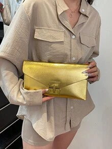 Fashionable Handheld Bag, Letter Envelope, Retro Metal Hardware Lock, Flip Cover Envelope, Makeup Bag, Inner Container Bag, Banquet Bag, Versatile Leisure Bag - Gold - View 4