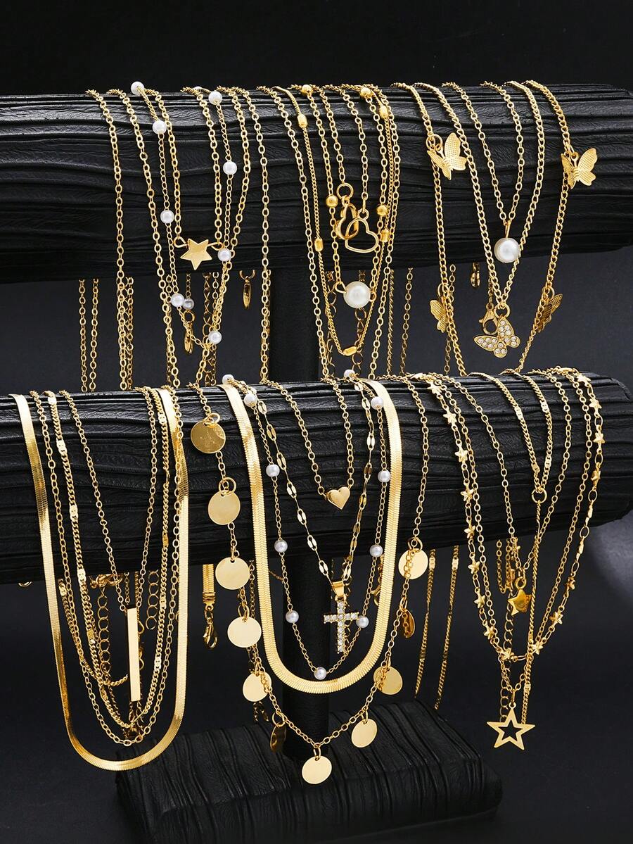 11/10/4pcs Fashionable Minimalist Golden Butterfly,Heart,Cross,Star,Moon,Faux Pearl Multi-Layer Necklace Set,Vacation,Party,Match With Daily Outfits - 金黃色 - 查看 1