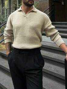 男士加大码高领秋季休闲纯色长袖针织衫，冬季 - 米色 - 查看 4