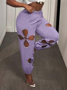 Women's Sexy Drawstring Waist O-Ring Detail Casual Ripped Pants Everyday Wear,Women's Casual Sports Pants,High-Stretch Plum Blossom Ripped Hollowed Out Sweatpants Women Fashion Casual Pants- Soft, Solid Color, Machine Washable, Perfect For All Seasons - Màu tím - Xem 3