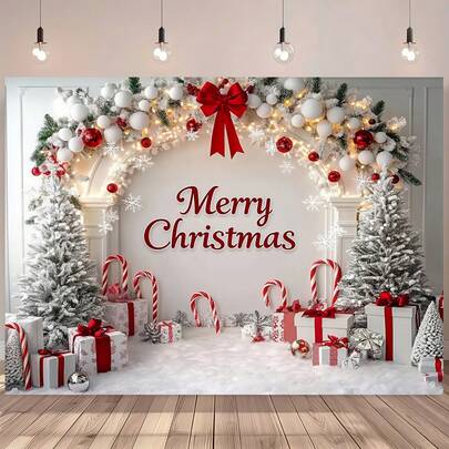 A Christmas-Themed Backdrop Featuring A Tree-Shaped Design With Trees And Gifts, Perfect For Holiday Wall Decoration. Ideal For Christmas, Birthdays, And Wedding Celebrations. Suitable For Both Indoor And Outdoor Use In Living Rooms And Gardens.