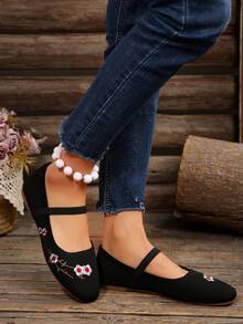 Zapatos planos de mujer para otoño/invierno con suela suave, punta cuadrada, banda elástica y bloques de color, aptos para uso interior y exterior - Bordado negro - Ver 6