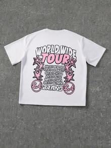 Men's Letter & Star Graphic Loose Round Neck Short Sleeve T-Shirt, World Tour T-Shirt-Premium Cotton Graphic Printed Round Neck T-Shirts - 粉色 - 查看 2