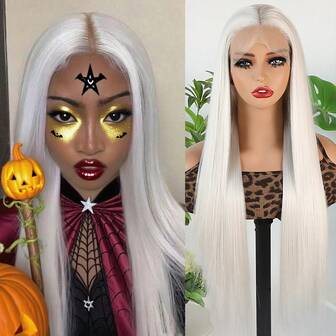 Halloween Wig Long Straight White Silver Hair Synthetic Lace Front Wigs Glueless Soft Hair Silky 13X4 HD Lace Front Wig For Women 28 Inches Heat Resistant Fiber Hair Natural Hair Line Halloween Party Daily Use