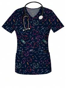 Women's Heart Print V-Neck Short Sleeve Nurse Uniform Top With Pockets, Spring/Summer - Multicolor - View 1