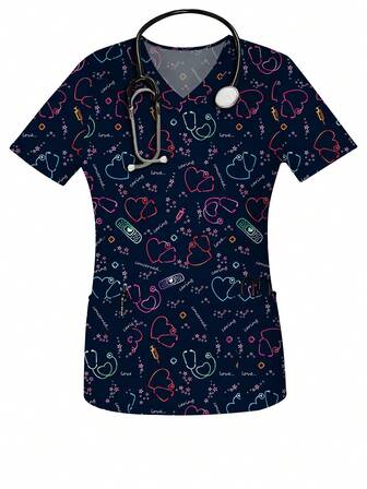 女式心形印花春夏V领磨砂短袖护士制服上衣，带口袋
