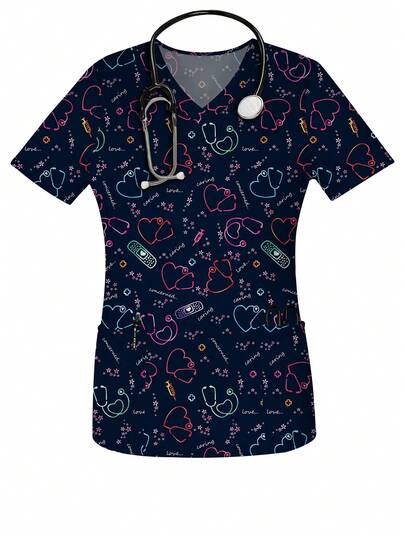 女式心形印花春夏V领磨砂短袖护士制服上衣，带口袋