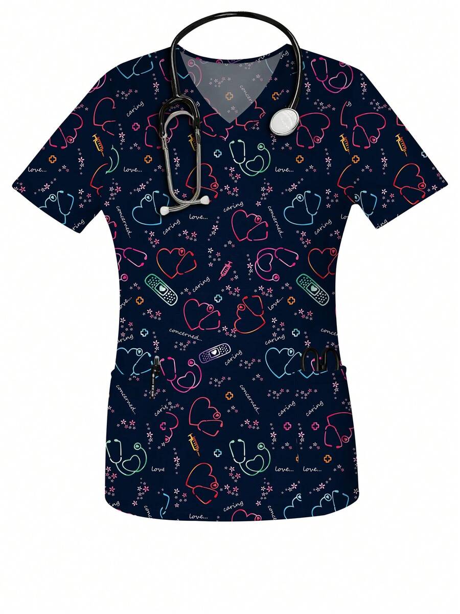 Women's Heart Print V-Neck Short Sleeve Nurse Uniform Top With Pockets, Spring/Summer - Multicolor - View 1
