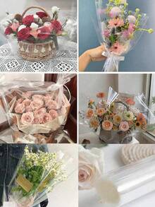 1卷透明玻璃纸包装纸，透明花束包装纸，塑料防尘包装纸，非常适合礼品包装、花艺制作和花束用品，情人节必备品 - 無色 - 查看 3