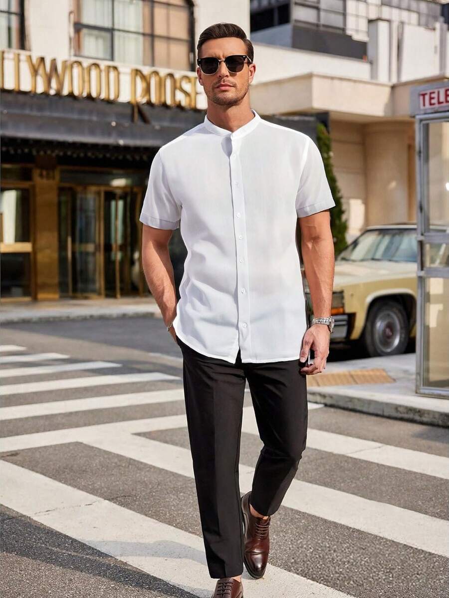 Camisa Masculina Slim Fit Manga Curta Gola Padre Casual Estilo Minimalista Verão 2025 - Branco - Visão 1